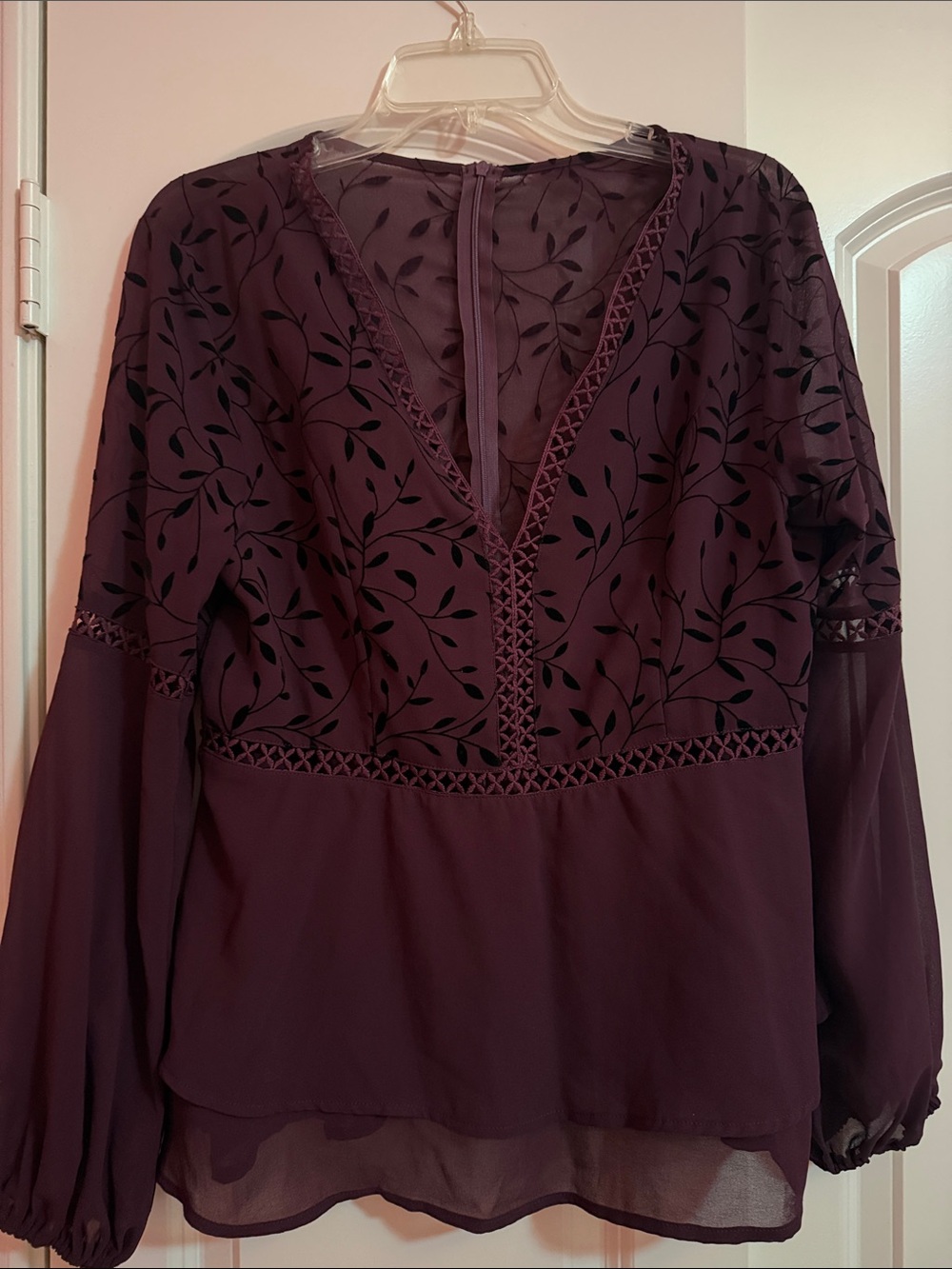 SHEIN Deep Plum V-Neck Flocked Vine Blouse